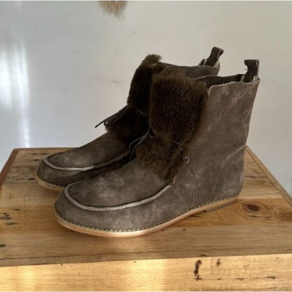 EMU Australia Harvey Brown Suede Lace Up Shearling front Flat Ankle Boots Size 9 - Picture 1 of 13